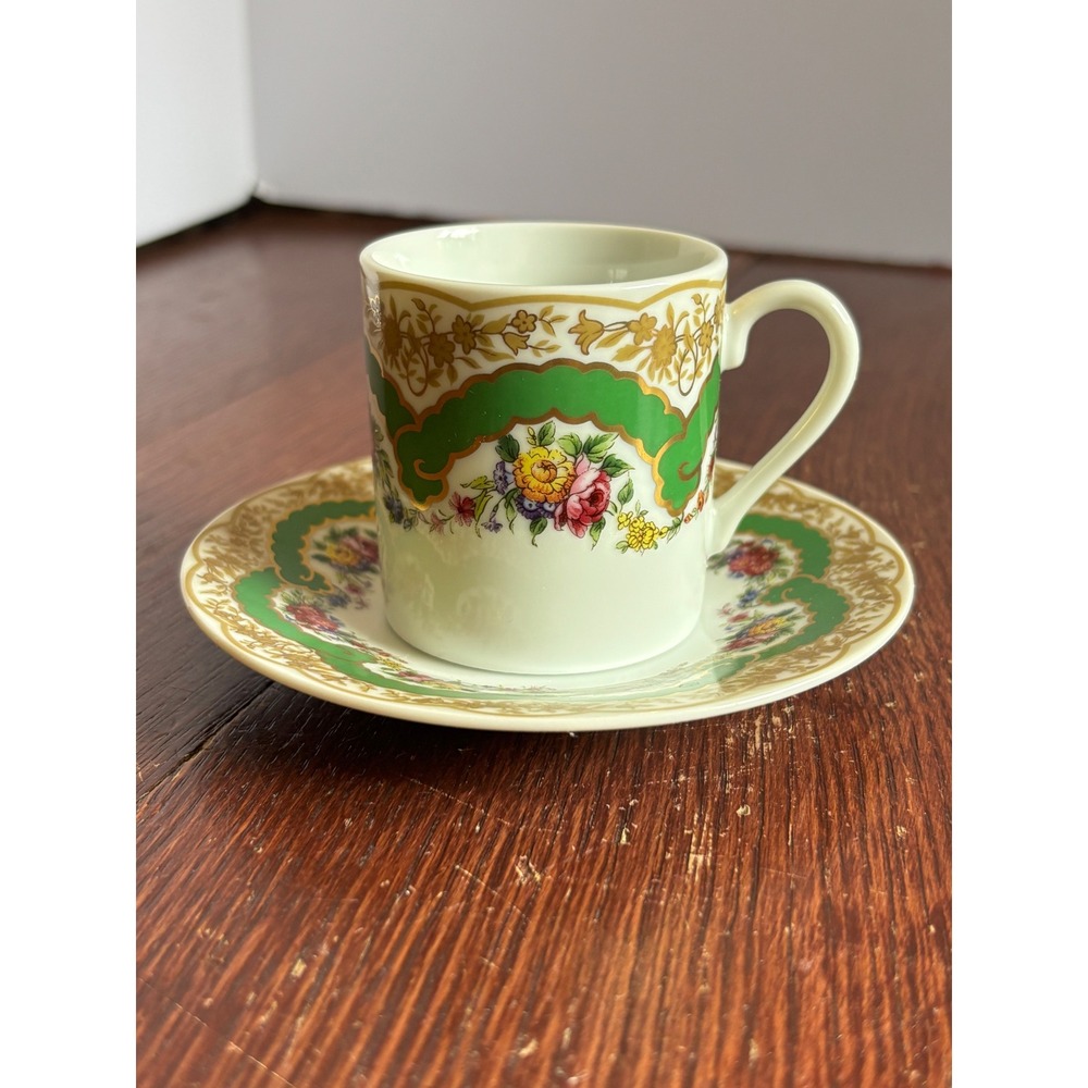 Andrea by Sadek Collection Sevres Demitasse Cup Saucer Green Gold Floral Set